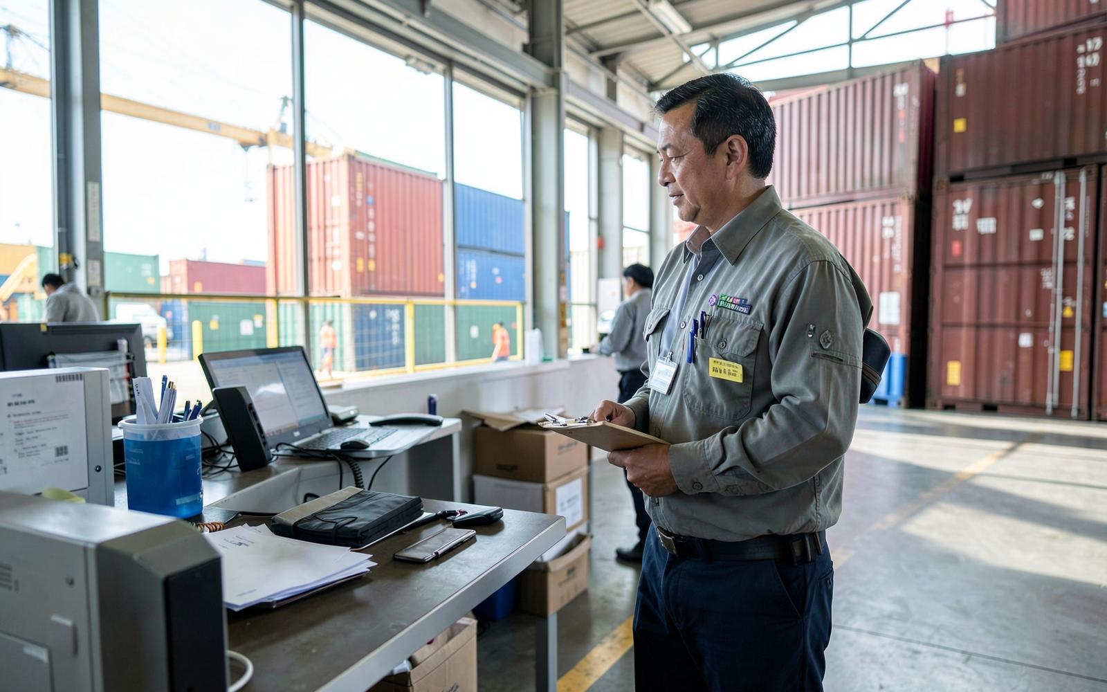Customs documentation being checked at a container terminal office