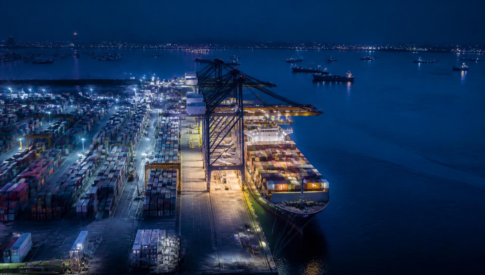 Container terminal with gantry cranes at dawn