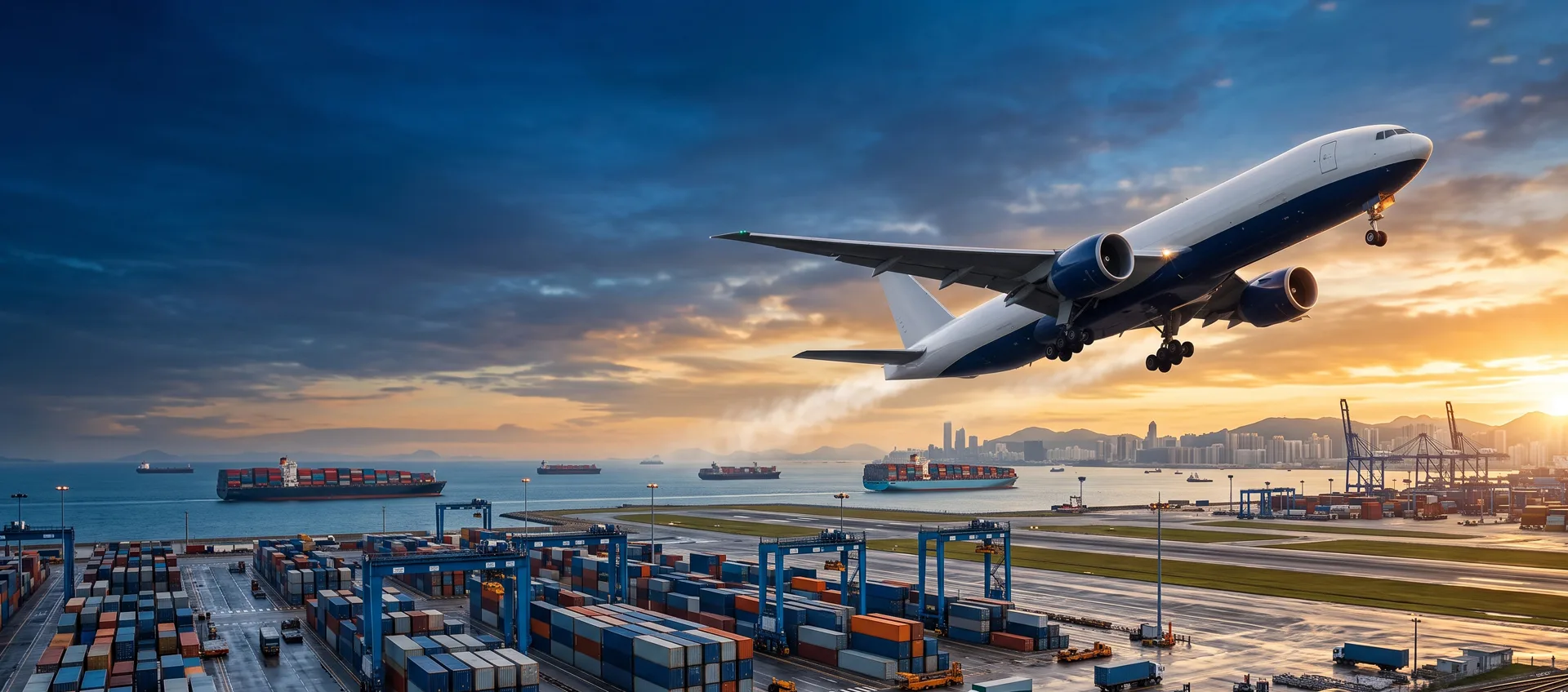Cargo aircraft being loaded with freight pallets at an international airport