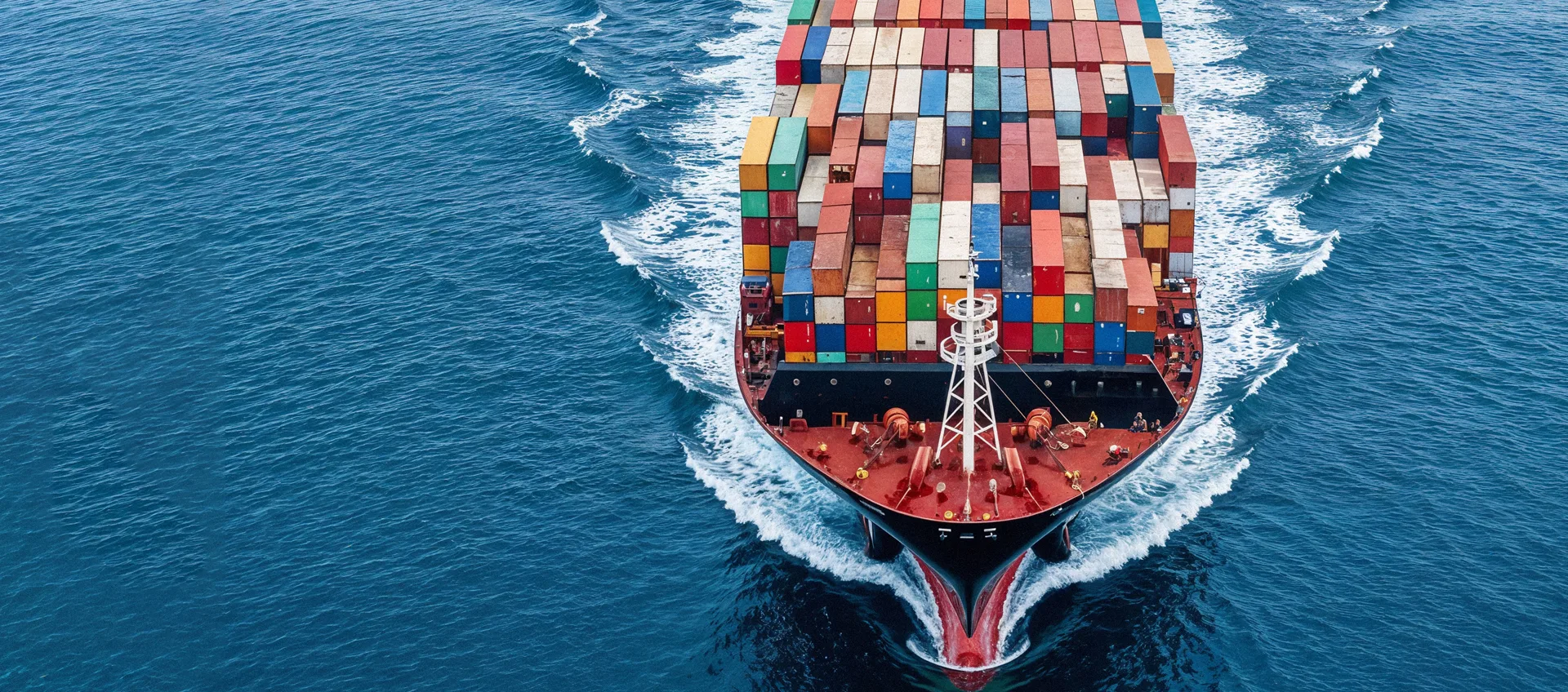 Container ship arriving at a modern port under a bright blue sky