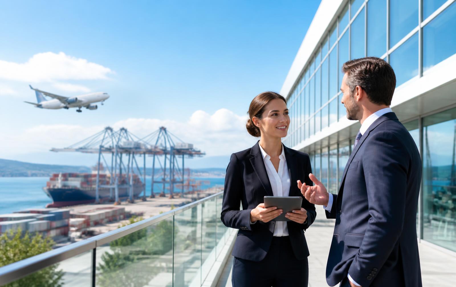 Business colleagues at a bright port-side office