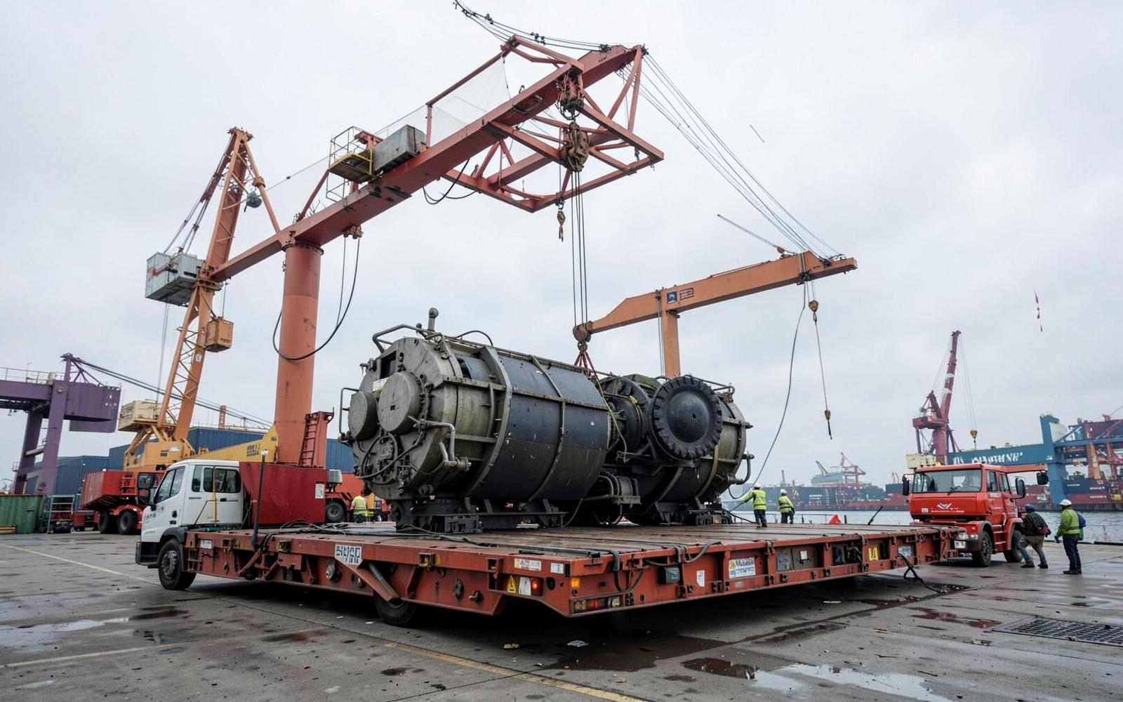 Crane lifting oversized industrial machinery onto a flat rack at a port