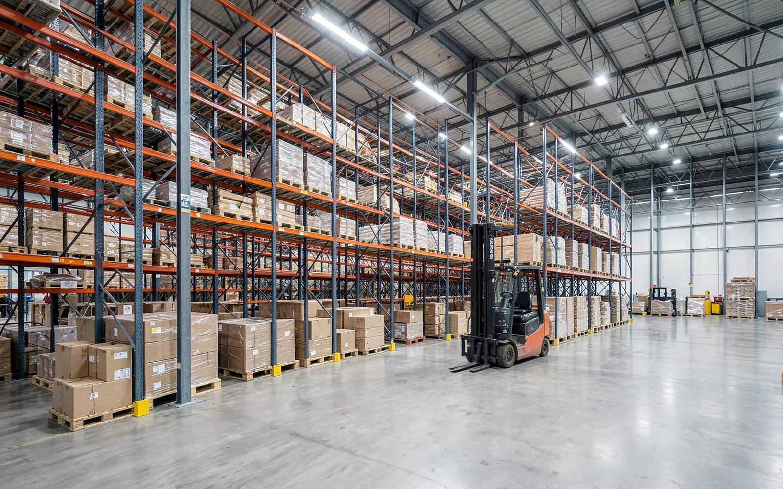 Interior of a modern distribution warehouse with racked pallets